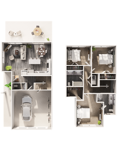 A Floor Plan showing a 3 bedroom, 2.5 bathroom townhome with an attached garage at Hillcrest Village, Arkansas, 72762